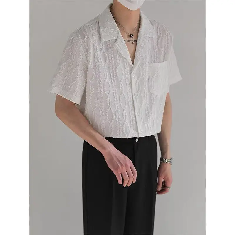 

Summer Thin Hollow out Ice Silk Short Sleeve Men's Shirt Loose Fit Vintage Collar Trendy Standard Edition Polyester Fiber