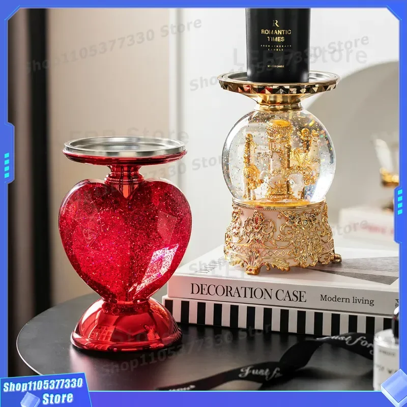 High End Art Decoration Crystal Ball Music Box Carousel Love Candlestick Tabletop Ornament Wedding Gift Home Decor Novelty