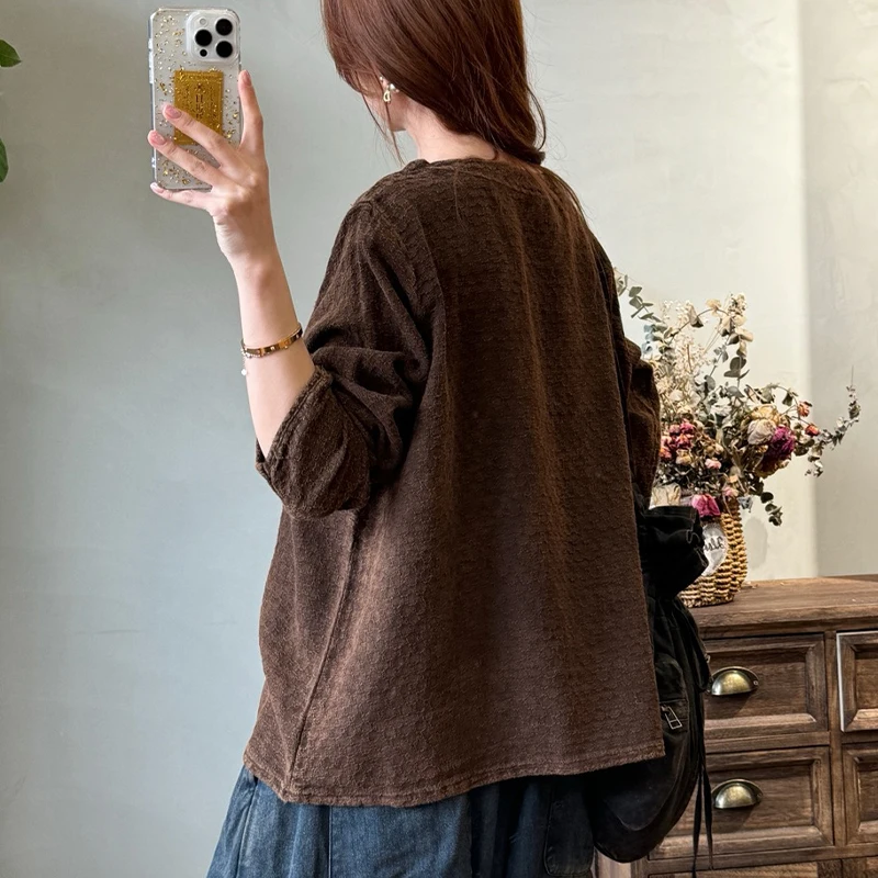 Masss Wasss Chinese 2025 Fall Females Classic Loose V Neck T-shirts Womens Vintage Plaid Leisure Tops Fashion Soild Long Clothes