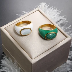 New in Natural Malachite Enamel Ring for Women Vintage Drop Glaze Stripe Big Finger Rings Stainless Steel Jewelry Ladies Gift