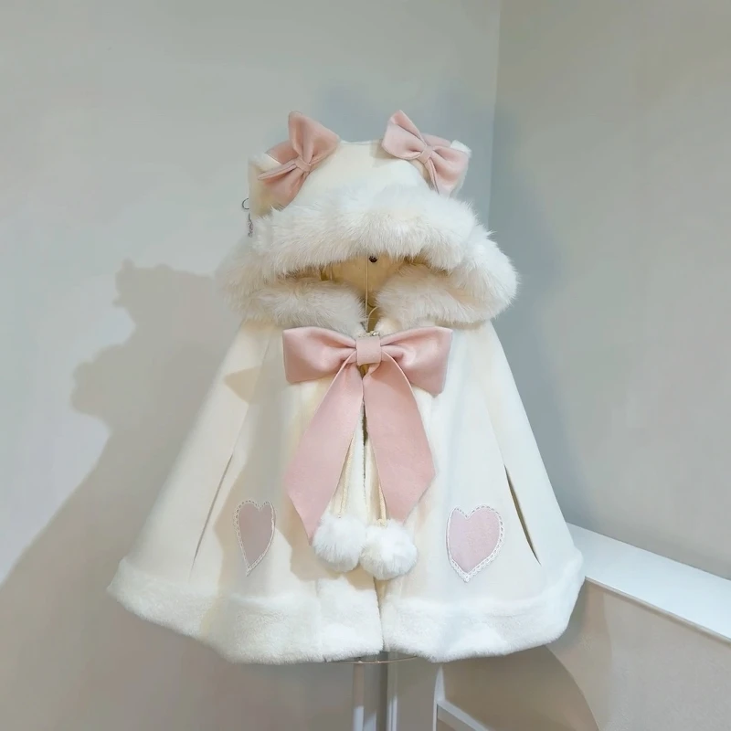Original Y2k Cloak Hooded Women Japanese Lolita Fur Patchwork Rabbir Ear Hooed Coat Kawaii Sweet Bow Jackets Oversized JK Capes