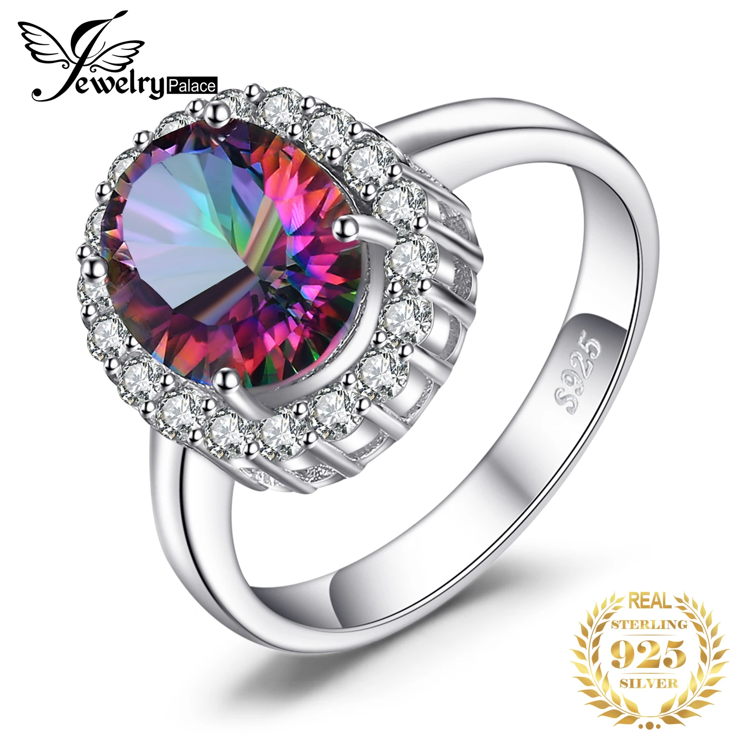 JewelryPalace 3.4ct naturalny Mystic tęczowy kwarc 925 srebro Halo ślub pierścionek zaręczynowy dla kobiet prezent New Arrival