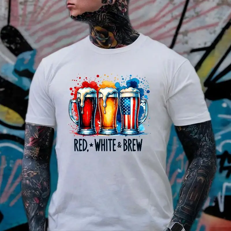 

Red White and Brew Beer Shirt – Funny Patriotic Graphic Tee for Men, Summer BBQ Drinking Party USA Style Top