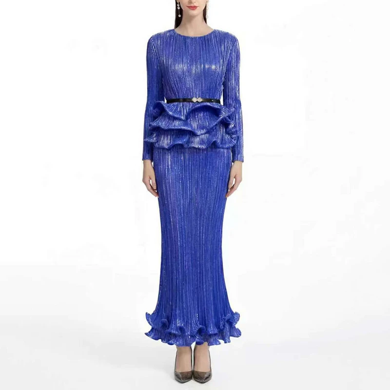 HKSH Women Chic Two-piece Set O-neck Long Sleeves Ruffled Hem T-shirt Solid Color Plated Mermaid Skirt New Spring Summer HK21647