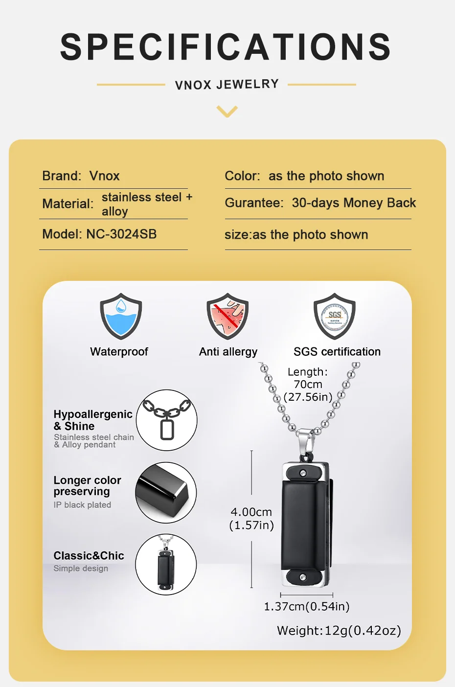 Vnox Herren Mundharmonika Anhänger Halskette, Edelstahl Perlenkette Rechteckiger Legierungsanhänger Schwarz Punk Alltagsschmuck Geschenk für Ihn – Detail 4