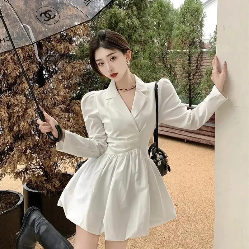 

Unique Design White Dress Women2025Best-Selling New Type Spring Waist Slimming Temperament Long Sleeve Short Skirt