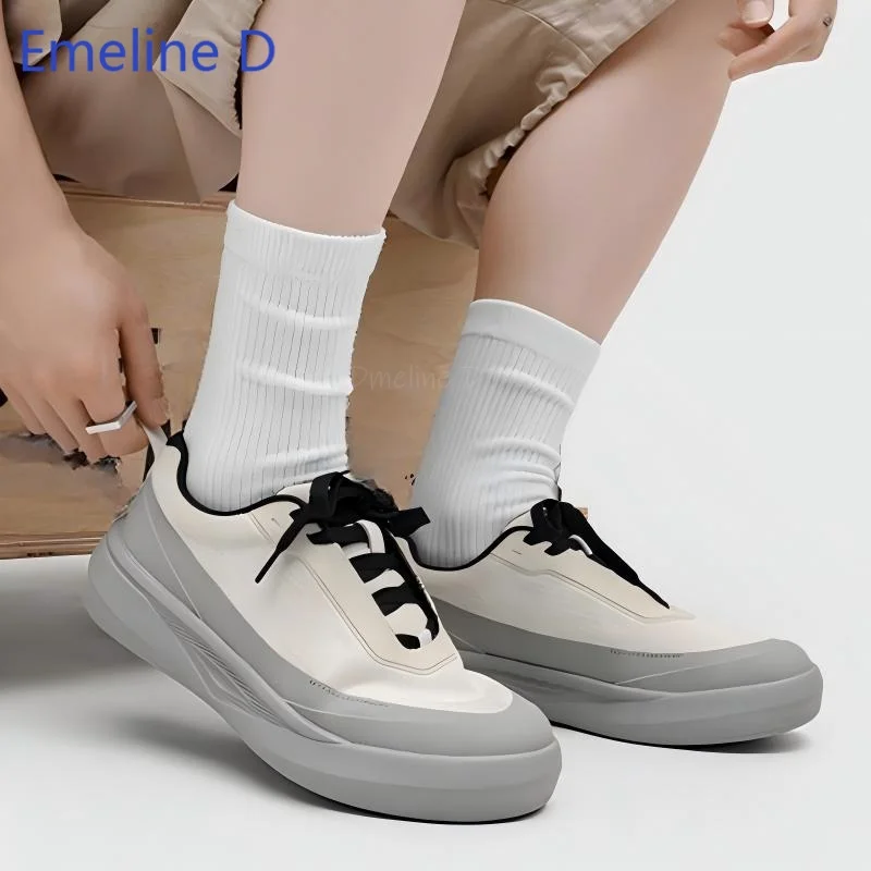 Mens Low Top Casual Trainers Lightweight Textured Mesh Fabric Shell Wide Round Toe Chunky Curved Platform Casual Flat Shoes