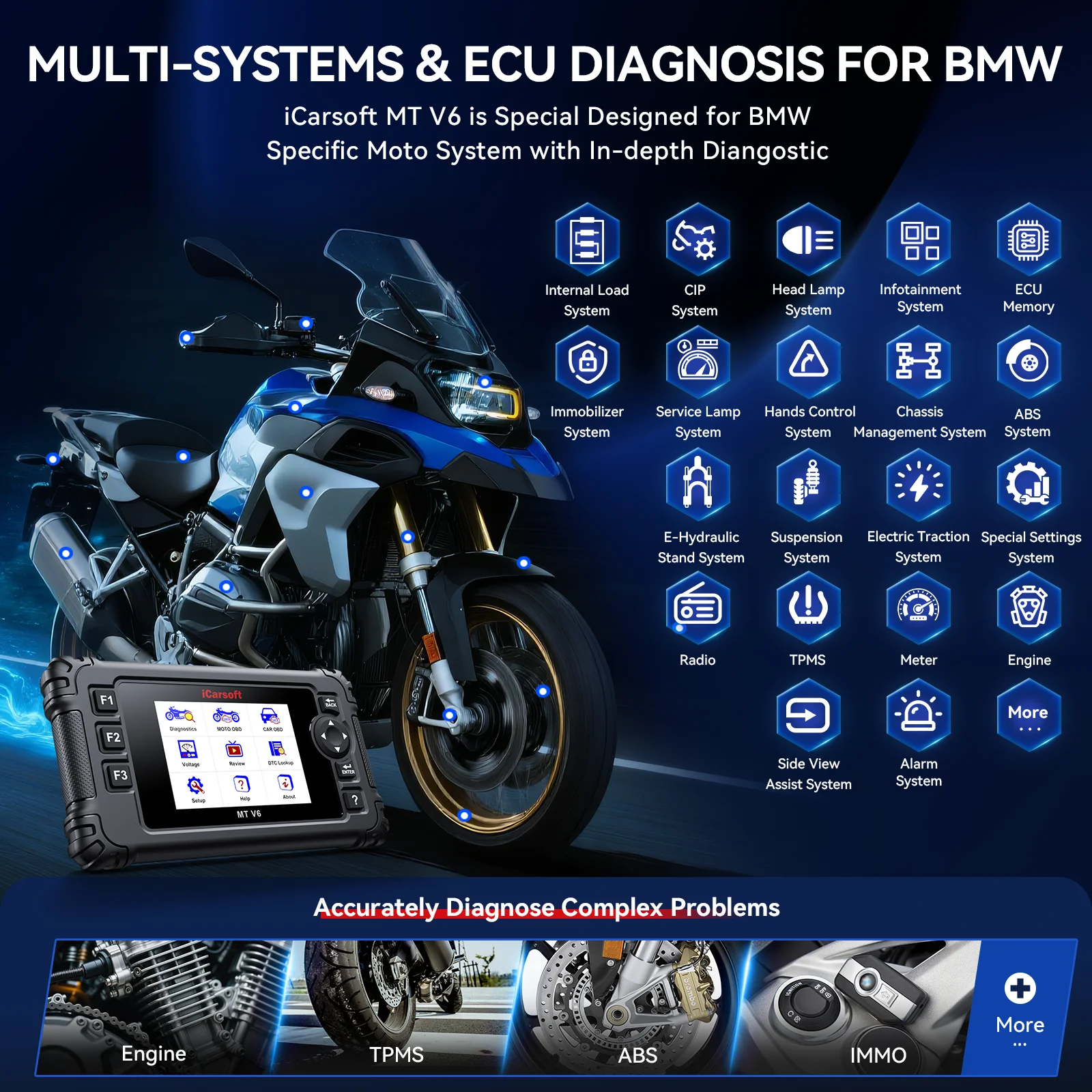 iCarsoft MT V6 Motorcycle Diagnostic Tool for BMW Full System 115 Reset /197 Actuation Test, Motorbike+Car OBD2 Scanner