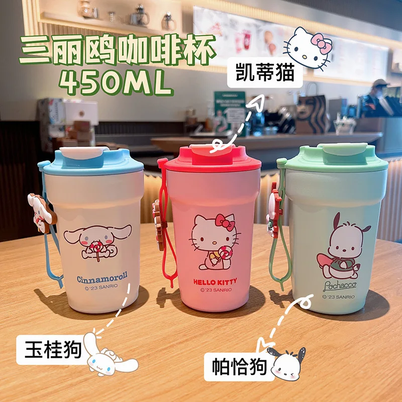 New Sanrio Coffee Cups Cute Cartoon Hello Kitty Cinnamoroll Pochacco Ceramic Liner Thermos Children's Portable Mug Gifts