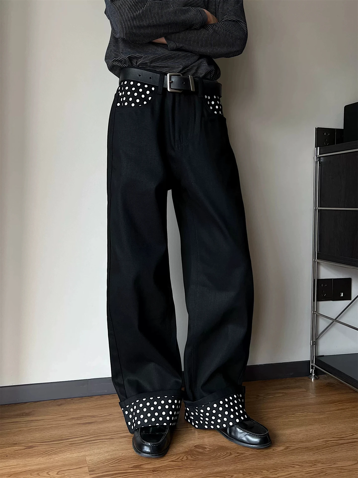 Black Straight Leg Denim Jeans Men's Women's Vintage American Loose Slimming Cleanfit Long Pants Wave Dot Pattern Loose Fit