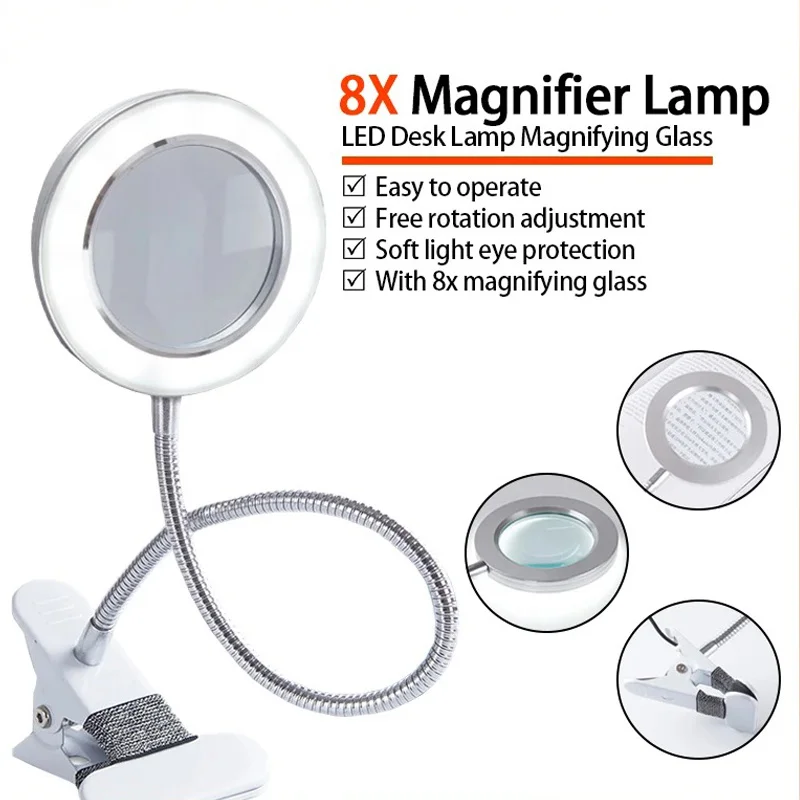 8X Magnifier Lamp LED Desk Lamp Magnifying Glass With Clamp USB Cold Light for Read Repair Tattoo Makeup Beauty Salon Equipment