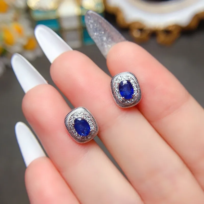 

Sterling Silver 925 Oval Cut Natural Sapphire 4x6mm Women Earring Studs Diamond Earing for Women