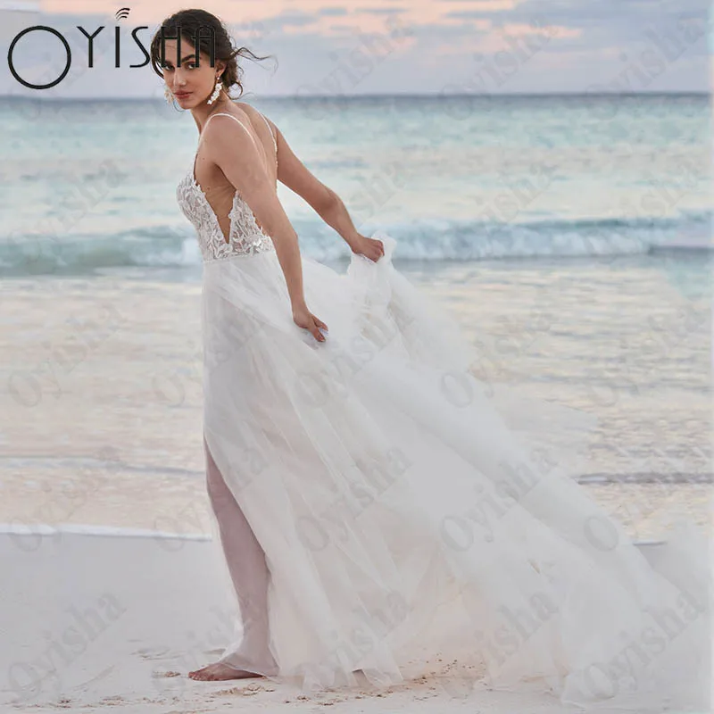 Oyisha Beach Tulle A-Line Bride Gown Appliques V-Neck Sleeveless Wedding Dress For Women Spaghetti Straps Backless Vestido Novia