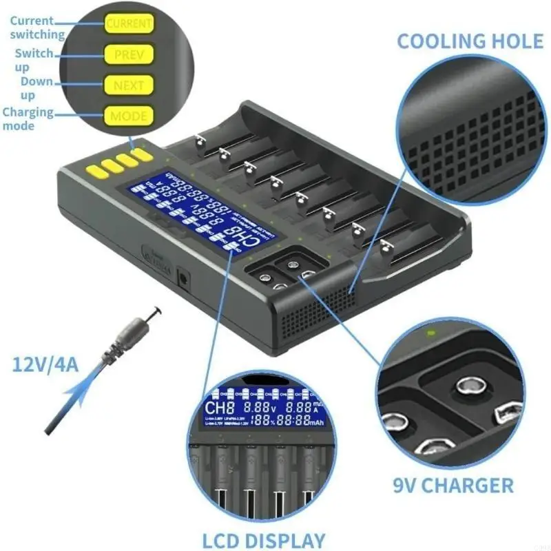 G99B LII 8 BAY Lading Hub für 18650 21700 9V -Batterien mit LCD -Statusanzeige und aktuelle Einstellung