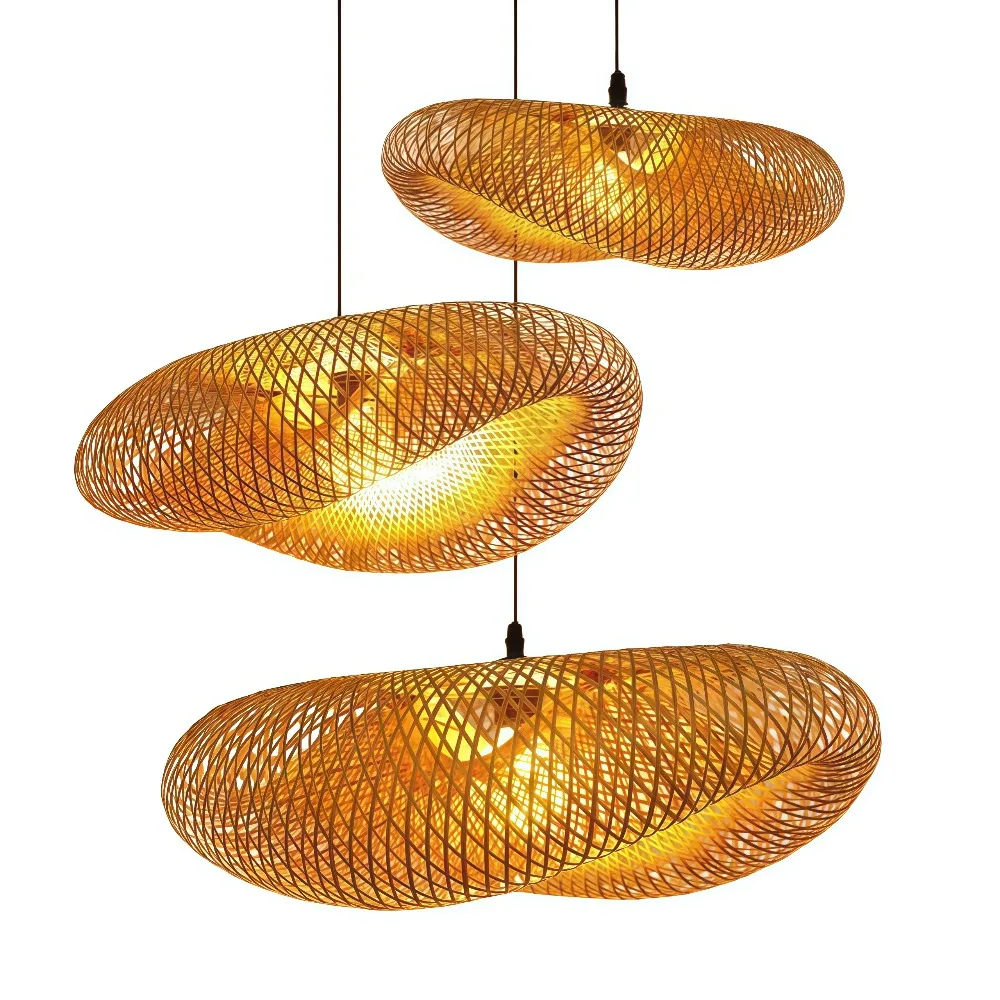 Hand Woven Rattan Bamboo LED Pendant Light Wicker Lantern Fixture E27 Lamp Hotel Tea House Hotpot Bar Homestay Dining Decor