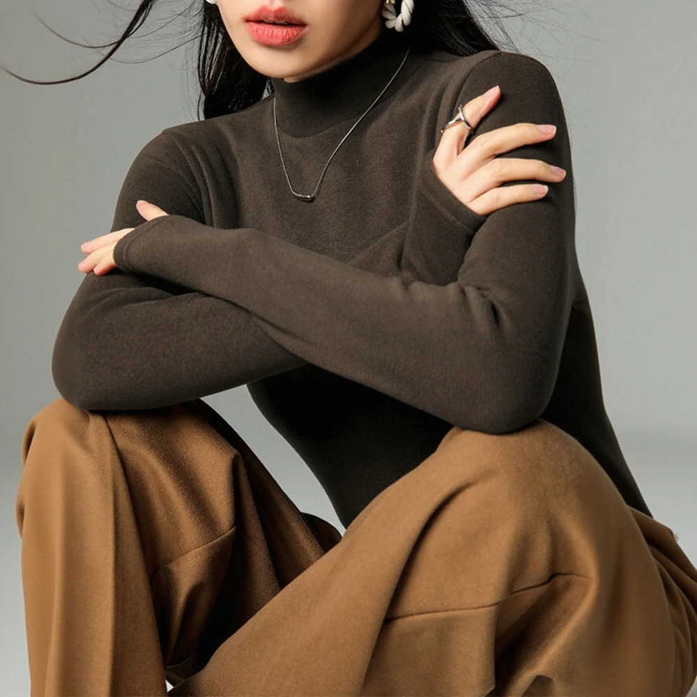 

Autumn Winter 2025 Women's T-Shirts Minimalism Basics Solid Color Mock Neck Long Sleeve Casual Tees