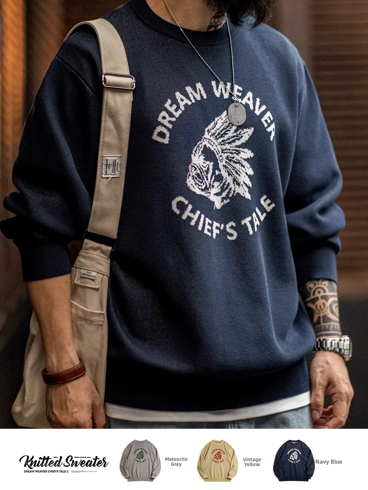 

Мужской свитер Maden в американском ретро-стиле, свободного кроя, с цветными вставками, имитация льна, круглый вырез, для осеннего сезона, повседневный стиль