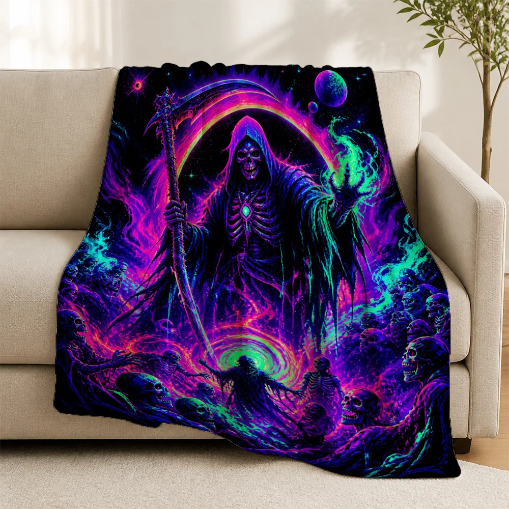 Large Gothic Horror Halloween Sofa Throw Blanket Cozy Fleece Witchy Decor Psychedelic Neon Skeleton Design Couch Throw Gift