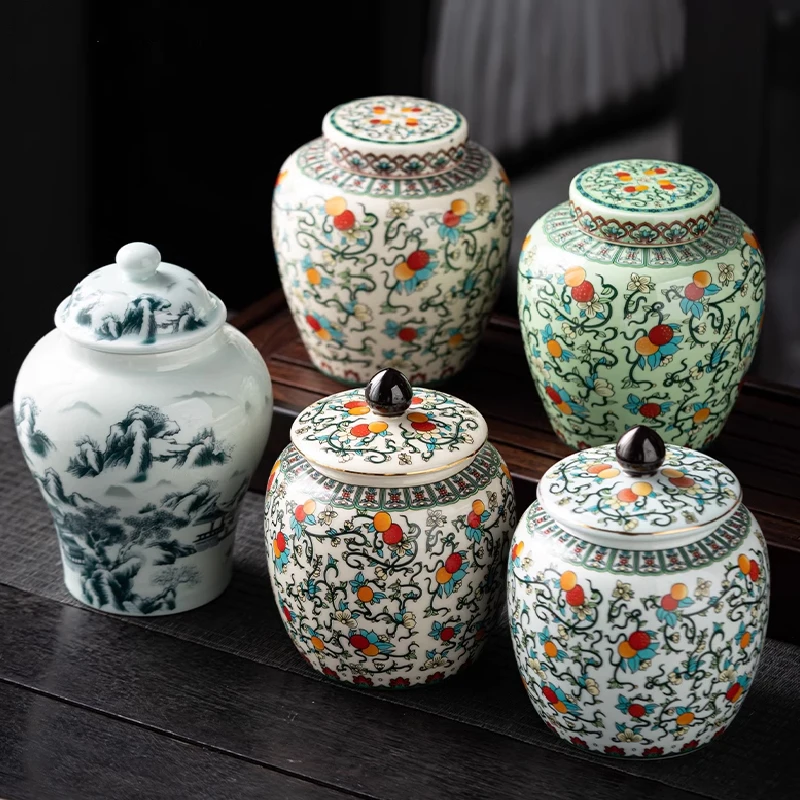 Chinese-style Ceramic Ginger Jar with Lid Tea Sealed Jar Large-capacity Celadon Storage Box Home Empty Jar Creative Ornaments