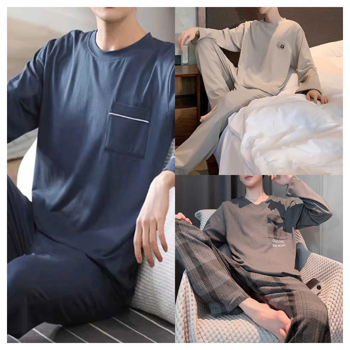 

Мужской пуловер с длинным рукавом, пижама, новый вязаный хлопковый свитер большого размера, Спортивная простая домашняя одежда для отдыха, однотонная Домашняя одежда с круглым вырезом