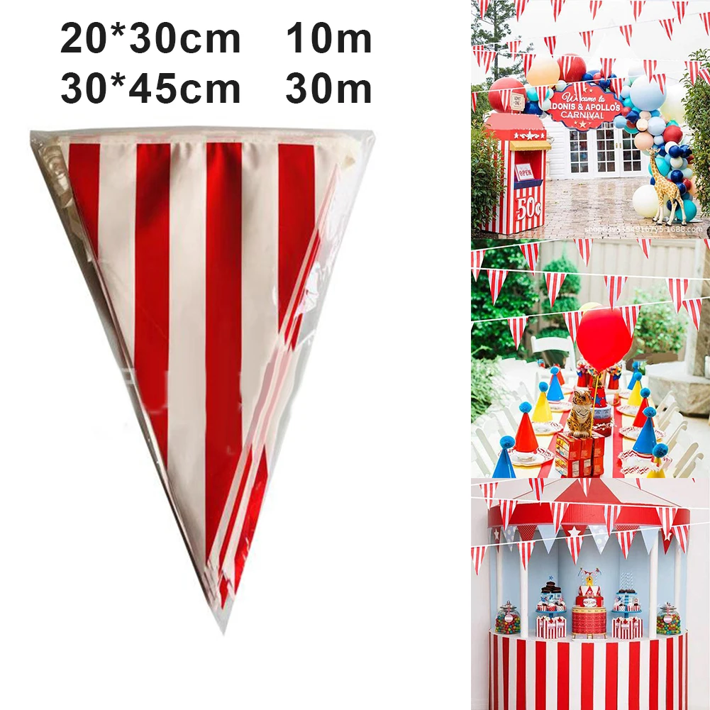 1PC 10/30M Pennant Flags Red And White Striped Banner Carnival Theme Christmas Party Hanging Bunting Birthday Wedding Decoration