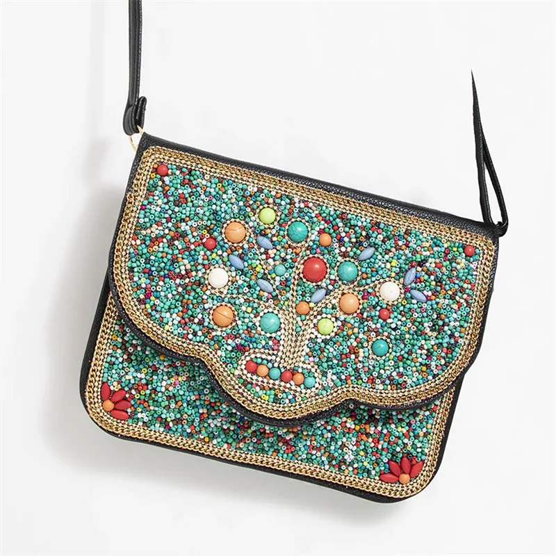 

Bohemian Style Flap Small Satchels Ethnic Style Travel Beading Pearl Shoulder Bag Shell Flower Phone Bag PU Crossbody Bag Women