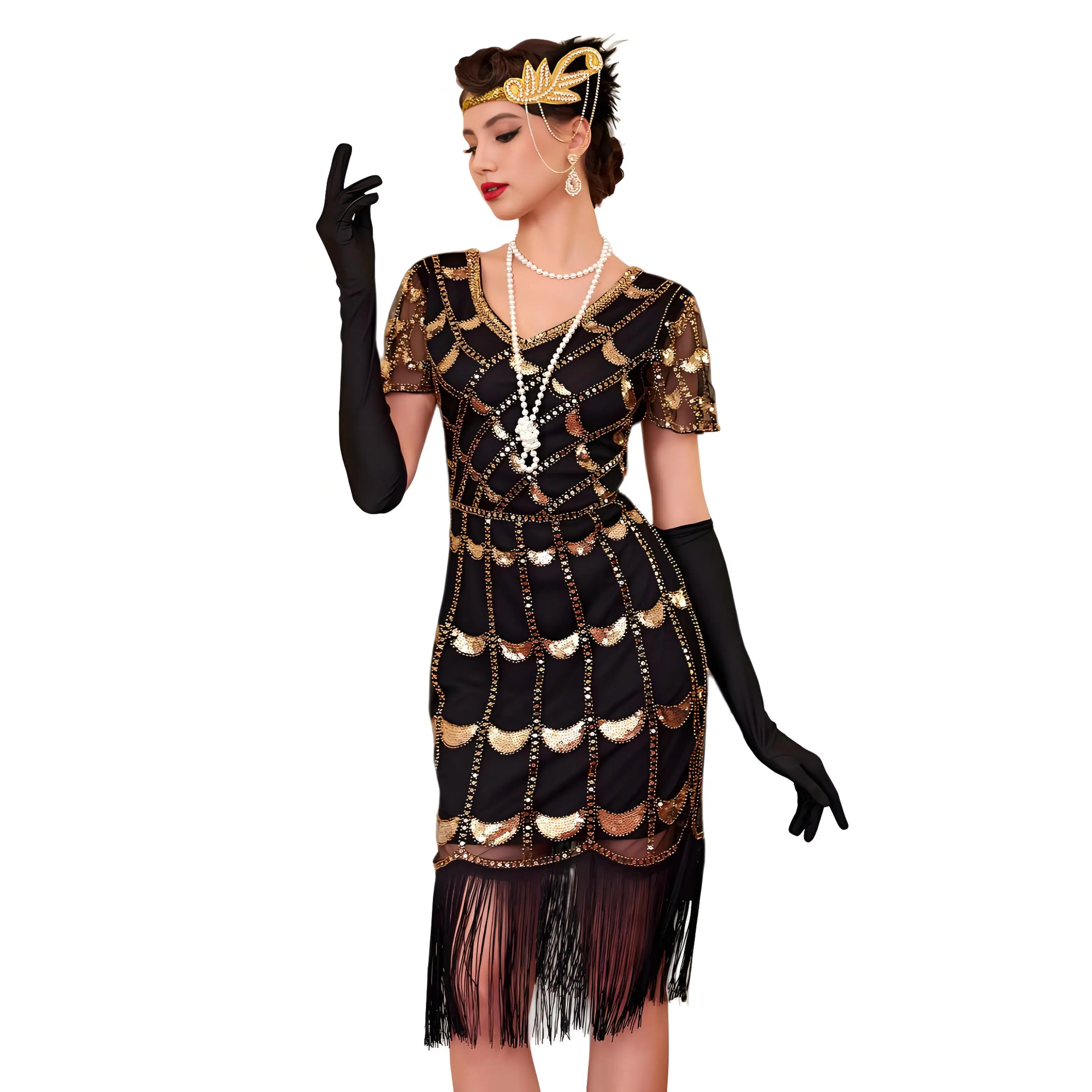 

1920S Flapper Dresses for Women Sequin Beaded Tassel Hem 20s Dress Formal Evening Gown for Banquet Anniversary with Accessories