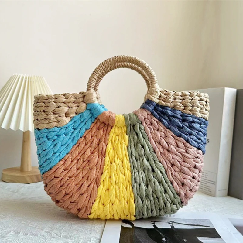 

Women New Straw Handbags Woman Handmade Woven Basket Rattan Handbag For Femme Ladies Simple All-Match Handbag