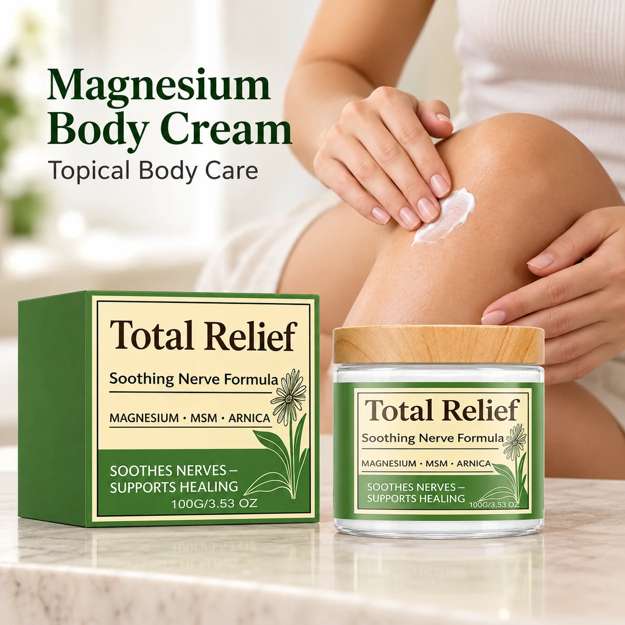 Magnesium Body Cream 100g With MSM And Arnica For Daily Moisturizing Massage Care In A Round Jar With A Matching Green Outer Box