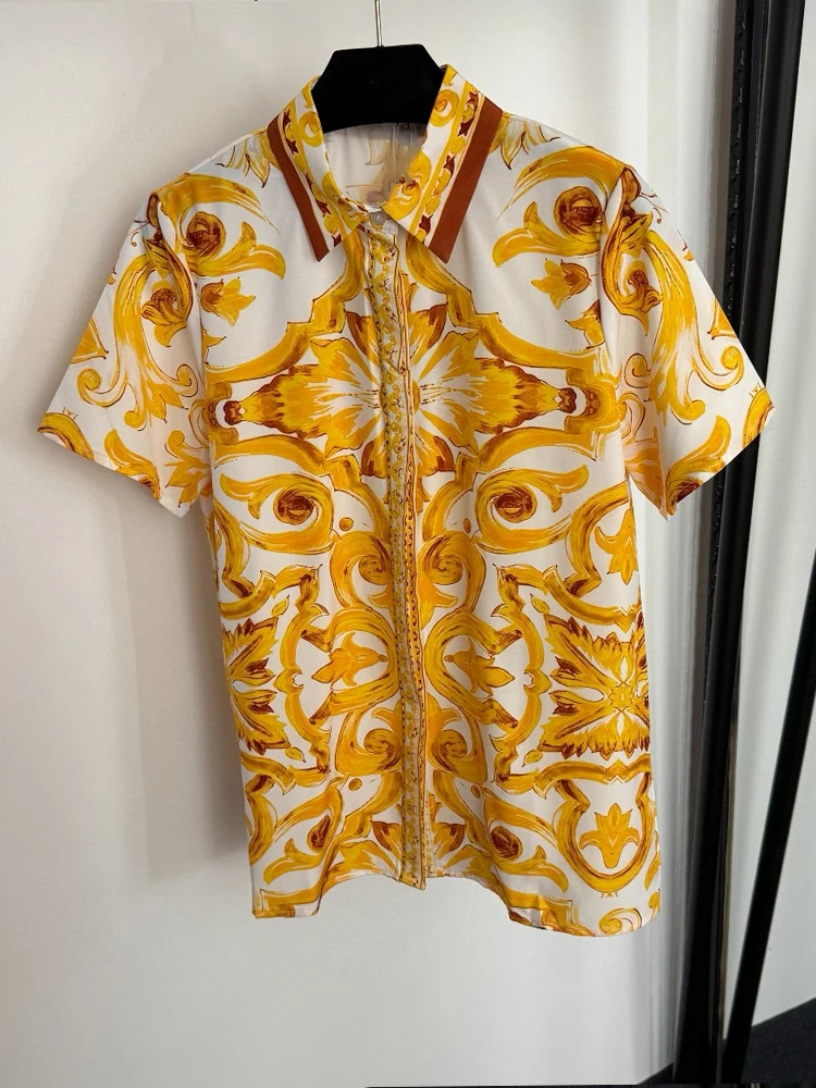 Retro estate nuova gonna a due pezzi risvolto monopetto camicia stampata a maniche corte pantaloncini a vita alta abito da donna di moda