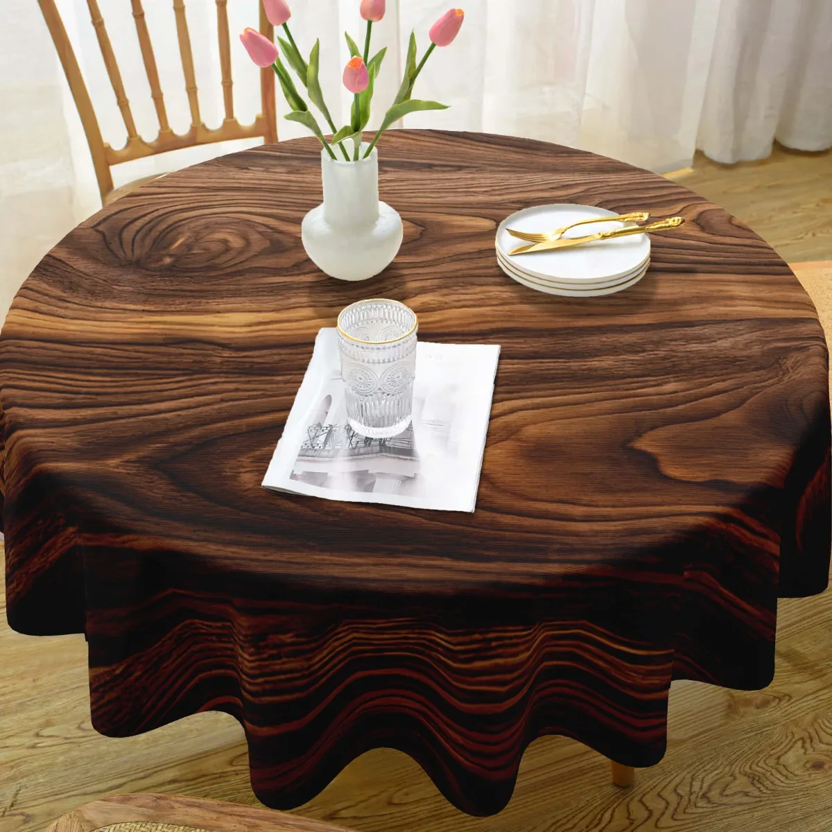 Round rectangular polyester tablecloth with wood grain pattern, party tablecloth