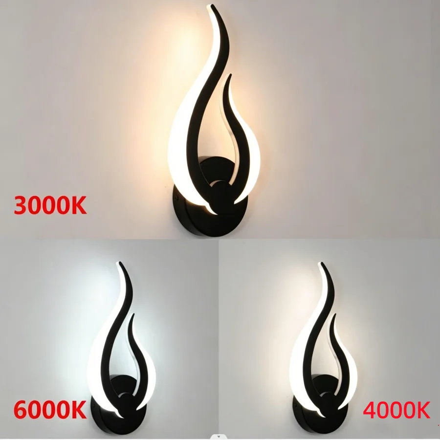 Modern LED Wall Lamp Flame Design 3 Color Changed Black Wall Sconce Indoor Home Lighting for Bedroom Living Room Corridor Stairs