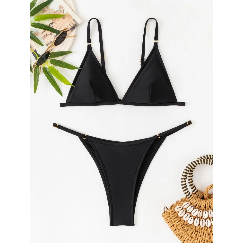 Conjunto de Biquíni Preto e Branco com Peito para Mulheres, Maiô, Beachwear, Sexy, Nylon, Alta Qualidade, Clássico, Cor Sólida, Preto