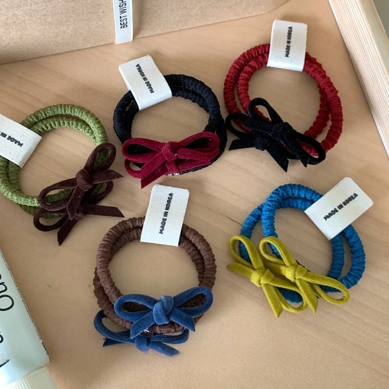 2pcs Candy Color Velvet Bow Hairbands Korean Ins Girls Sweet Ponytail Rubber Bands Headband Simple Daily Wear Hair Accessories