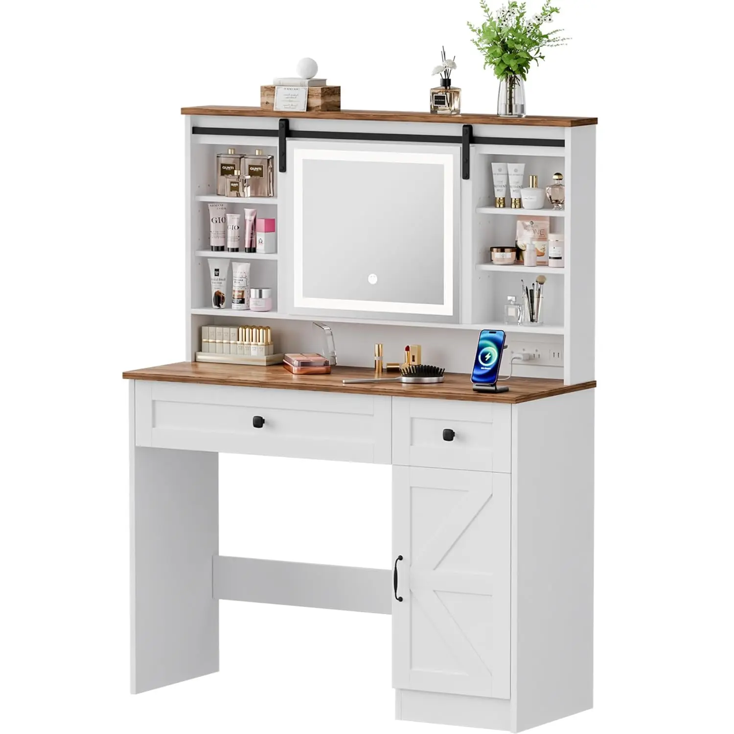 i*-Modern Beauty LED Vanity Desk with Lighted Mirror, 3 Color Lighting Modes, Charging Panel, Storage Shelves, Makeup,