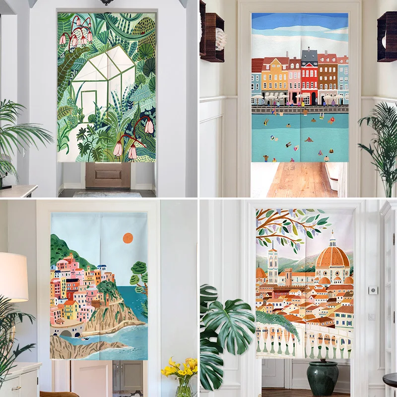 Nordic Ins Hand-painted Painting Door Curtain Bedroom Partition Linen Curtains Entrance Hanging Half-Curtain Without Punching