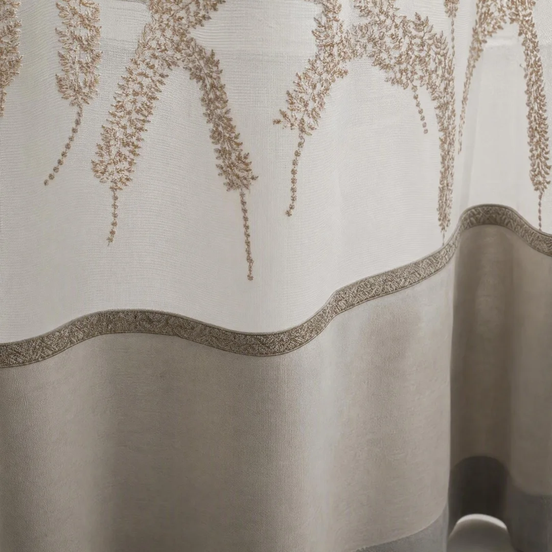 Farmhouse Embroidered Sheer Curtain, White Voile with Wheat Ear, Wavy Hem Light Filtering Tulle Drapes for Living Room, Bedroom