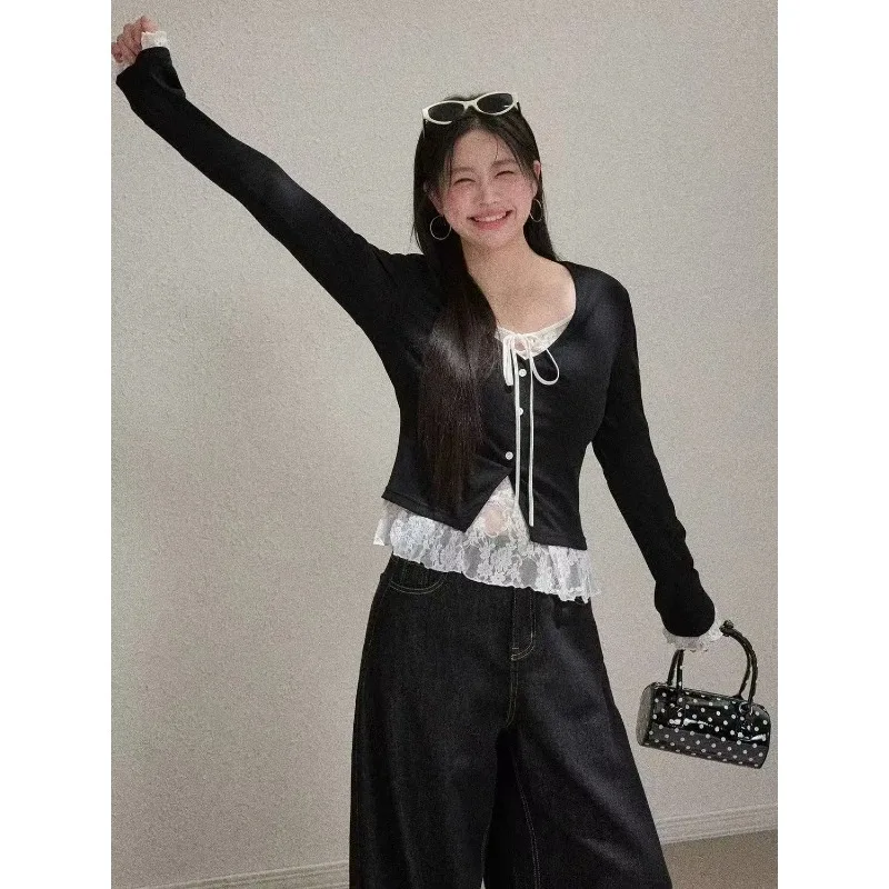 

Стиль Pure Desire, искусственный двухсекционный кружевной топ с v-образным вырезом, тонкий футболка с длинными рукавами