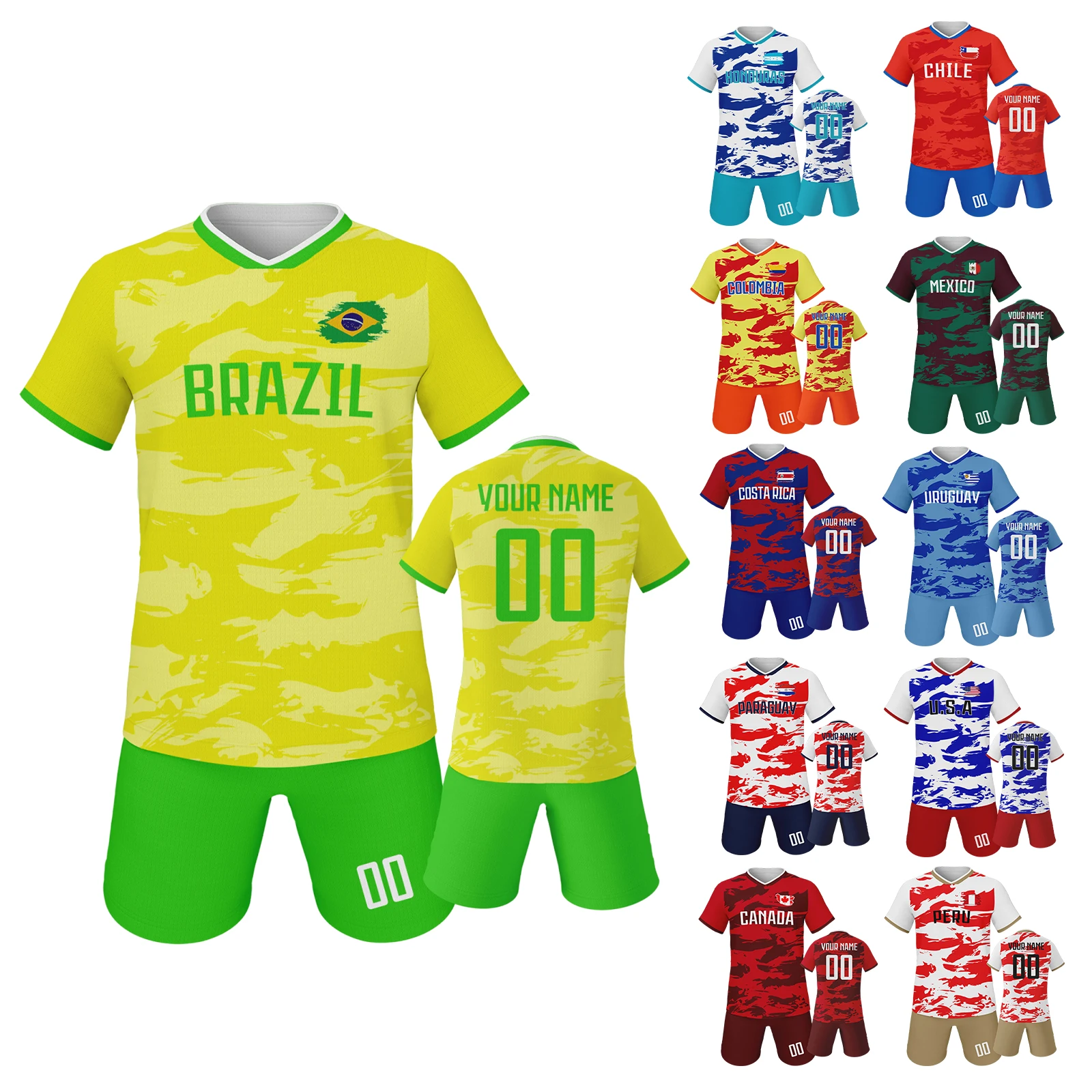 Camiseta de fútbol personalizada para niños y niñas, nombre personalizado, número, Brasil, Canadá, Chile, EE. UU., México, Kit de fútbol, regalo para fanáticos de los deportes