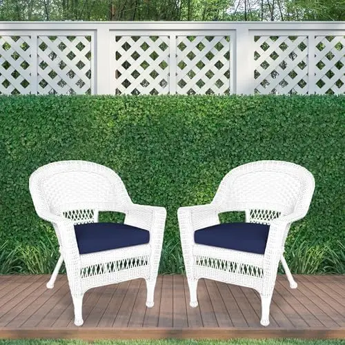 Wicker Chair with Blue Cushion, Set of 2, White/W00206-