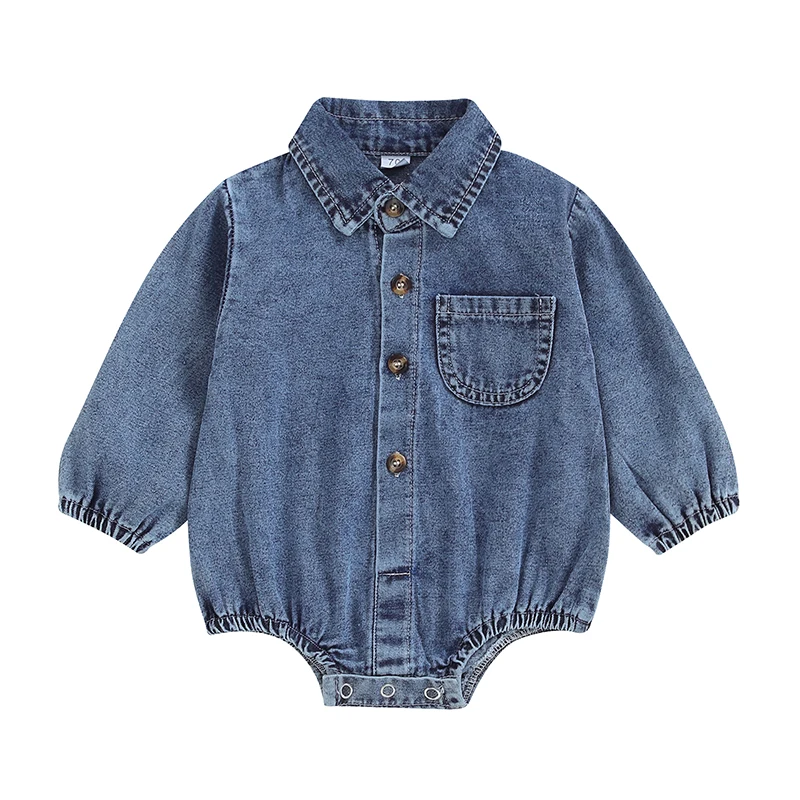 

Baby Boy Denim Romper Long Sleeve Lapel Collar Solid Color Bodysuit Newborn Spring Fall Playsuit