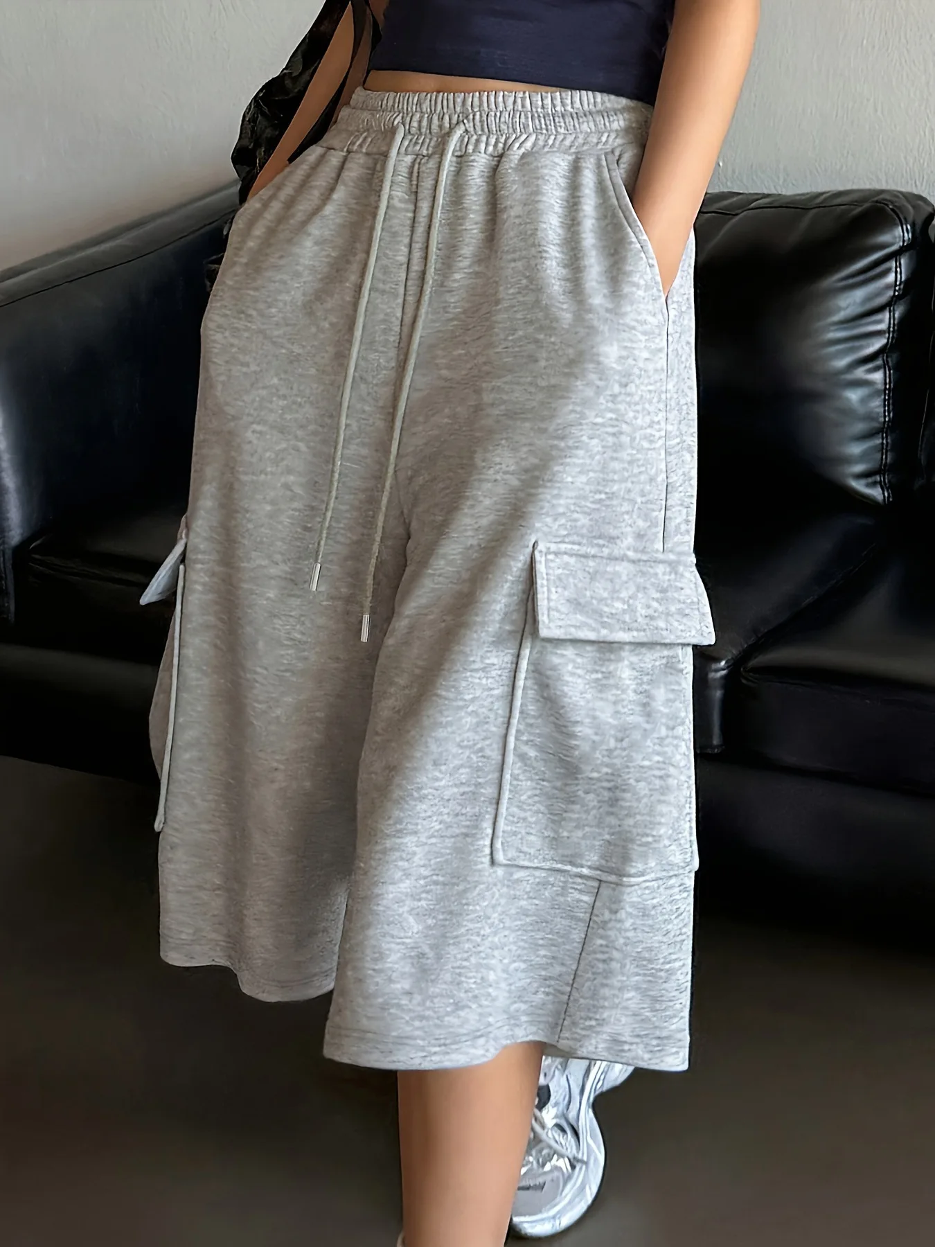 Shorts décontractés amples pour femmes, taille haute, coupe droite, jambes larges, longueur mi-longue, été, gris, bas confortables