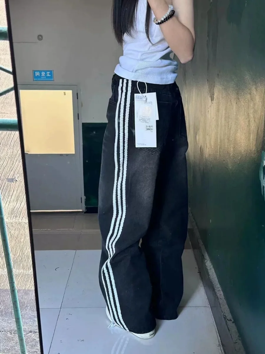 

Прямые джинсы в полоску American High Street Bla, женские свободные узкие брюки длиной до пола с высокой талией и широкими штанинами