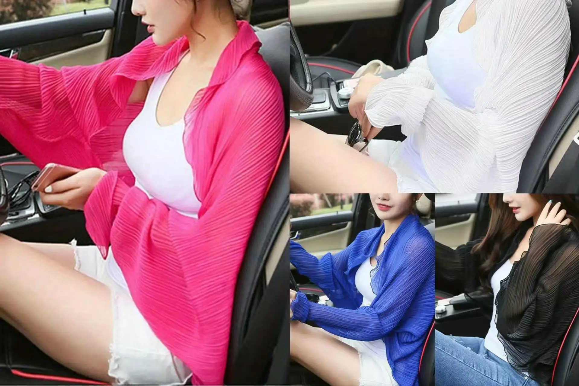 Women Chiffon Pleated Shawl Long Sleeve Ruffle Cardigan Summer Thin Breathable Air Conditioner Cover Up Loose Outerwear for Driv