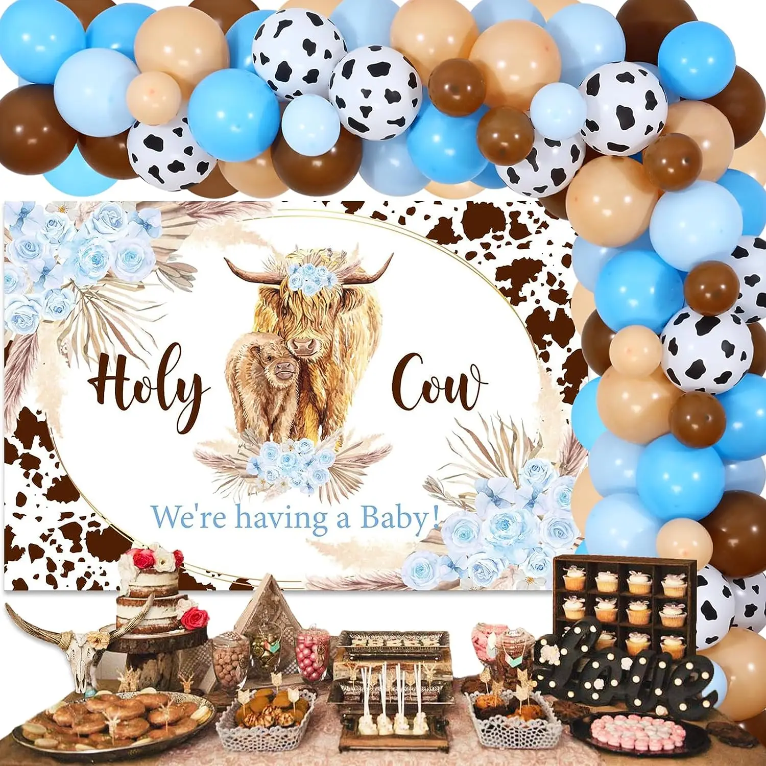 

Highland Cow Baby Shower Decorations Blue Cow Balloon Garland Holy Cow We Are Having A Baby Backdrop Highland Cattle Baby Shower