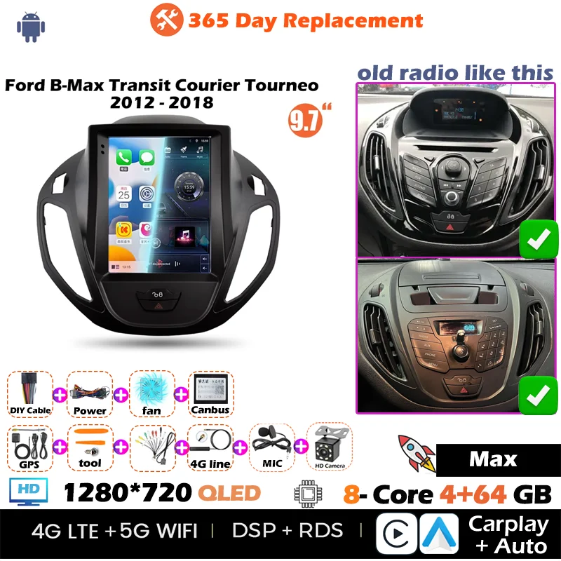 Nieuwste 9.7 "Multimedia Speler Upgrade voor Ford B-Max Transit Courier Tourneo 2012-2018 Android 13 Autoradio CarPlay Android Auto