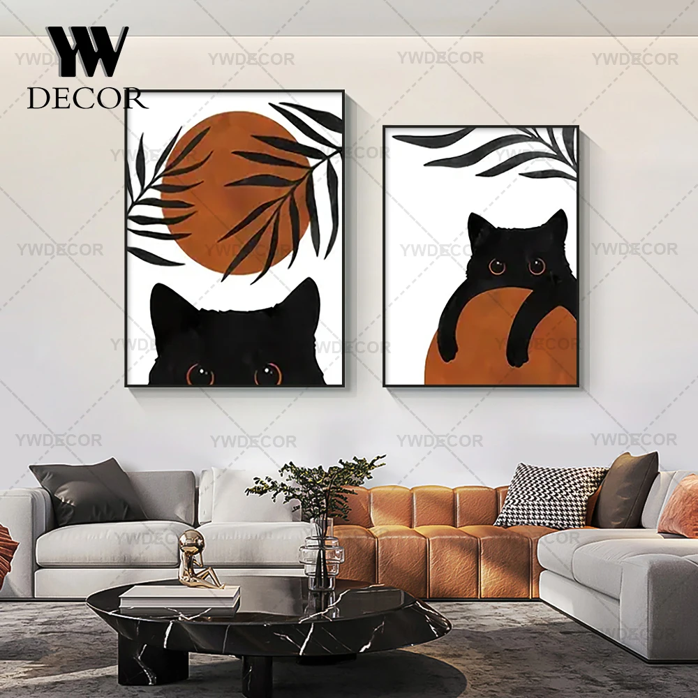 Abstract Boho Plant Leaf Cat Canvas Poster Wall Art Print Minimalist Animal Paintings for Living Room Decoration Gift