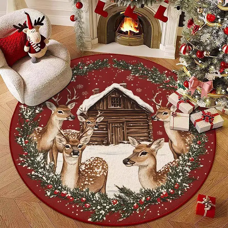 VIKAMA Round Christmas Winter Snowhouse Pine Branch Wreath Round Floor Mat Living Room Holiday Home Christmas Decoration