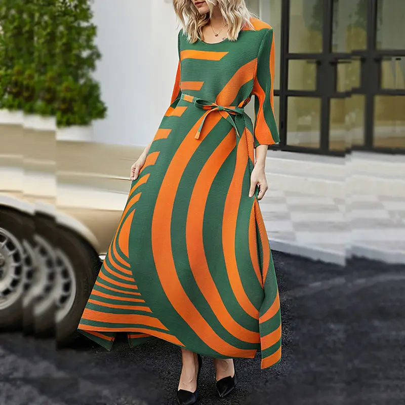 

2024 Spring New Lace up Mid length Hundred Pleated A-line Dress Fashionable Contrast Color Pleated Dress Slimming