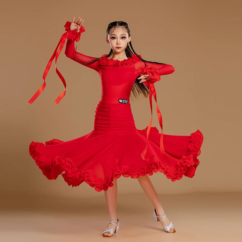 

Red Long Sleeves Latin Dance Professional Dress Children National Standard Ballroom Dance Costume Competition Dance Suits XS9684